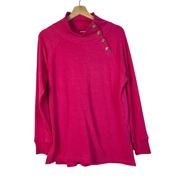 J. Crew Hot Pink Wide Button Collar Cloudspun Fleece Pullover Sweatshirt S - Picture 2 of 6